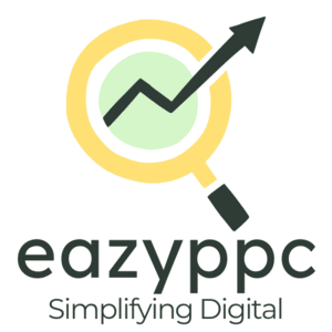 Cartoon magnifying glass with an upwards trendline shooting out from the middle to the top right of the image and the words underneath read "eazy P P C, simplifying digital"